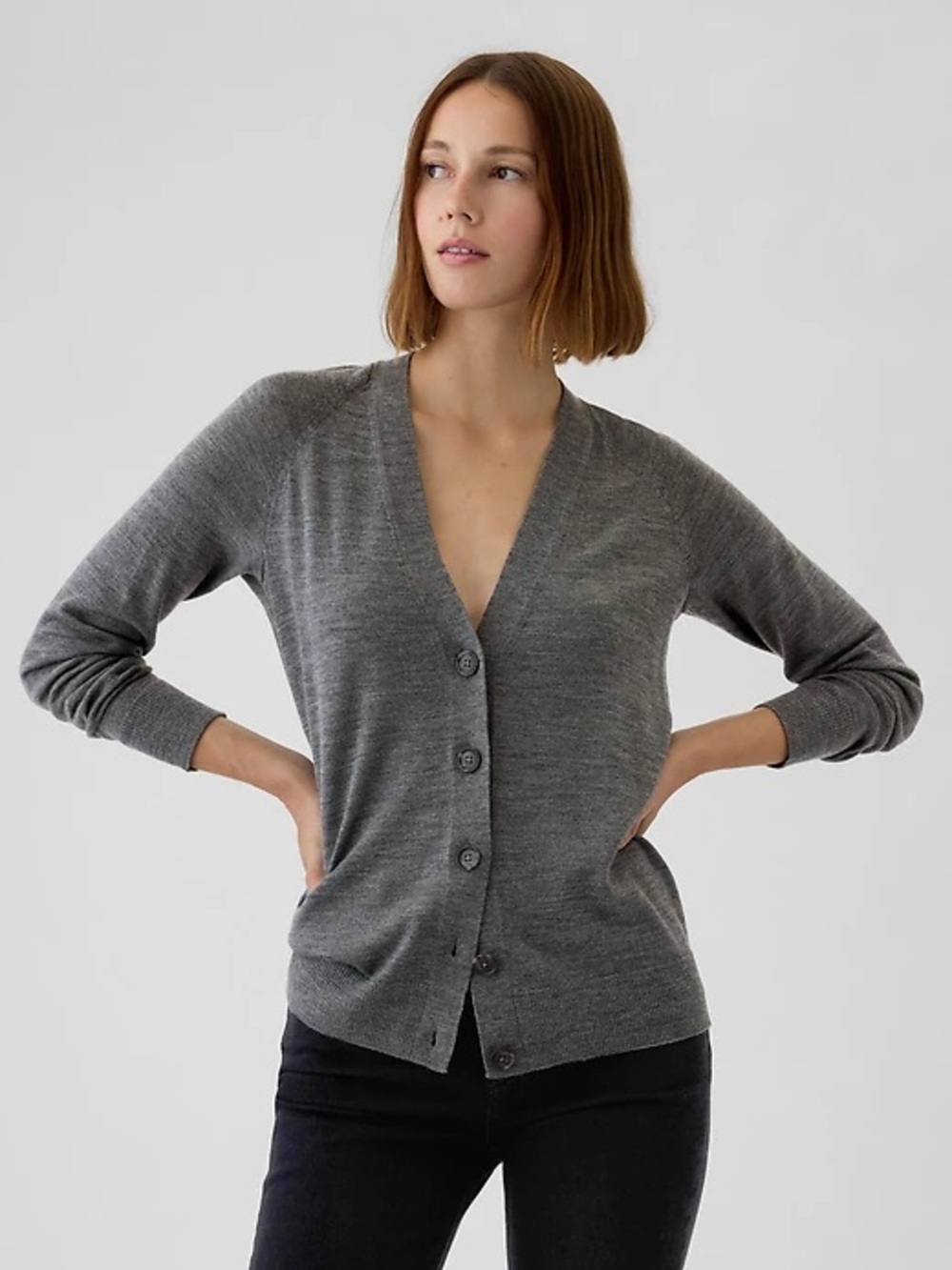 For Women/Boyfriend Fit: GAP Fine Merino Wool V-Neck Cardigan Sweater Grey